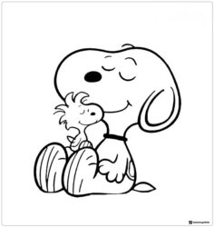 Snoopy hugging Woodstock with closed eyes Coloring Page