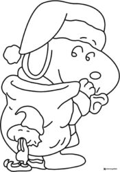 Snoopy in Santa hat emerging from gift sack Coloring Page