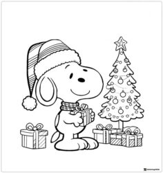 Snoopy in Santa hat with Christmas tree and gifts Coloring Page