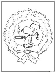 Snoopy in nightcap holding candle in wreath Coloring Page