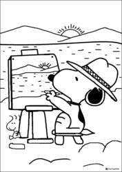 Snoopy painting a landscape coloring page