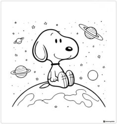Snoopy sitting on Earth surrounded by planets and stars Coloring Page