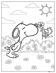 Snoopy smelling a flower offered by Woodstock Coloring Page