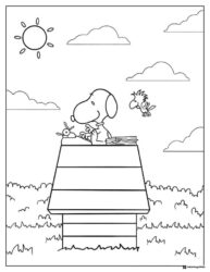 Snoopy typing on doghouse with Woodstock nearby Coloring Page