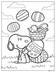 Snoopy with Easter eggs and Woodstock in a basket Coloring Page