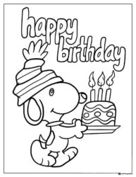 Snoopy with a Happy Birthday cake Coloring Page