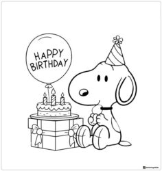 Snoopy with birthday hat cake and balloon Coloring Page