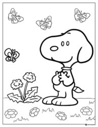 Snoopy with dandelions and butterflies Coloring Page