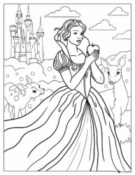 Snow White Coloring Page with Apple Deer and Castle