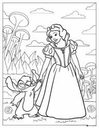 Snow White and Stitch Coloring Page in Mushroom Field
