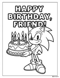 Sonic Birthday Coloring Page with Cake and Candle Greeting