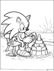 Sonic Building Sandcastle at Beach Sunset Coloring Sheet