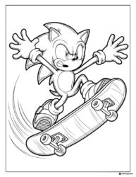 Sonic Coloring Page Doing a Skateboard Trick in Midair