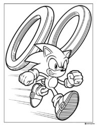 Sonic Coloring Sheet Running Fast with Rings Behind Him