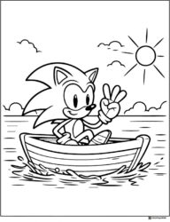 Sonic Giving Peace Sign in Boat on Water Coloring Sheet