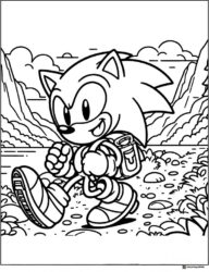Sonic Hiking in Mountains Coloring Page with Lake
