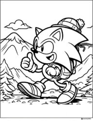 Sonic Hiking in Winter Hat Coloring Page with Thumbs Up