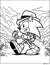 Sonic Hiking with Hat and Stick Coloring Page in Mountains