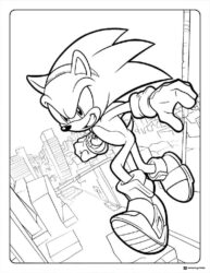 Sonic Leaping Coloring Page over city buildings