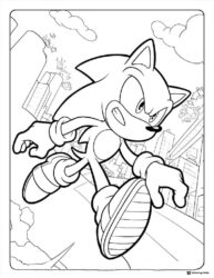 Sonic Leaping Coloring Page with city buildings