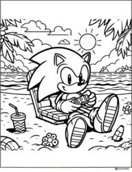 Sonic Relaxing on Beach Playing Video Game Coloring Sheet