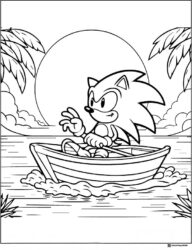 Sonic Rowing a Small Boat at Sunset Coloring Page