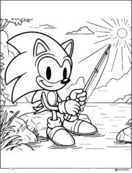 Sonic Sitting on Rocks Fishing in Lake Coloring Page