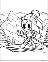 Sonic Skiing Down Mountain Coloring Sheet with Hat