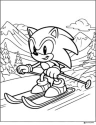 Sonic Skiing Down Snowy Mountain Coloring Page
