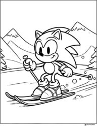 Sonic Skiing Down Snowy Slopes Coloring Sheet
