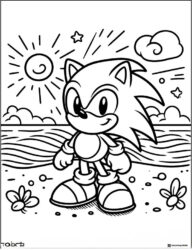Sonic Standing at Sunny Beach Coloring Page with Waves and Flowers