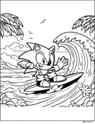Sonic Surfing Large Wave Coloring Page with Palms
