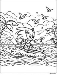 Sonic Surfing Ocean Waves Coloring Sheet with Birds