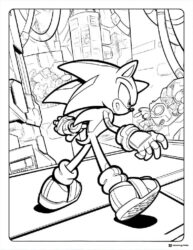 Sonic Walking Coloring Page in a futuristic city