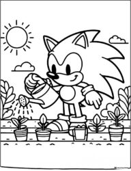 Sonic Watering Plants on a Bright Sunny Day Coloring Page