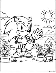 Sonic Watering Potted Plants on a Sunny Day Coloring Page