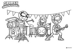 Spidey Amazing Friends Coloring Page with heroes playing music