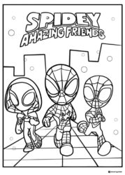 Spidey Amazing Friends Coloring Page with three chibi Spideys