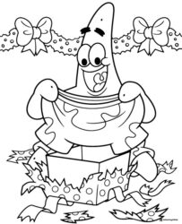 SpongeBob Coloring Page Patrick opening a Christmas present