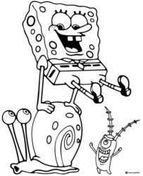SpongeBob Coloring Page SpongeBob riding Gary with a happy Plankton