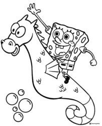 SpongeBob Coloring Page SpongeBob riding a seahorse and waving