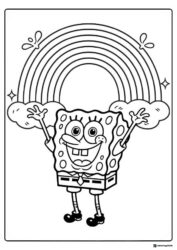 SpongeBob Coloring Page SpongeBob under a big rainbow