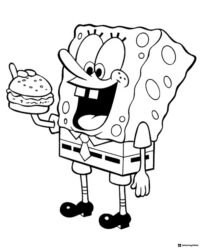 SpongeBob Coloring Page holding a Krabby Patty