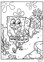 SpongeBob Coloring Page near pineapple house
