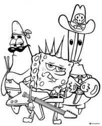 SpongeBob Coloring Page rock band with Patrick and Mr. Krabs