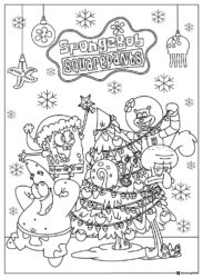 SpongeBob Coloring Sheet SpongeBob characters decorating a Christmas tree