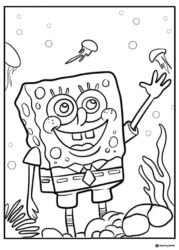 SpongeBob Coloring Sheet SpongeBob waving at jellyfish underwater