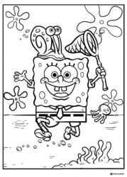 SpongeBob and Gary Coloring Page with a net