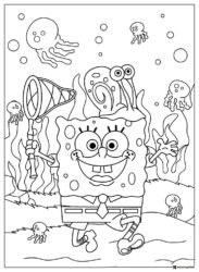SpongeBob and Gary Coloring Page with net and jellyfish