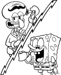 SpongeBob and Squidward Coloring Page with lightning